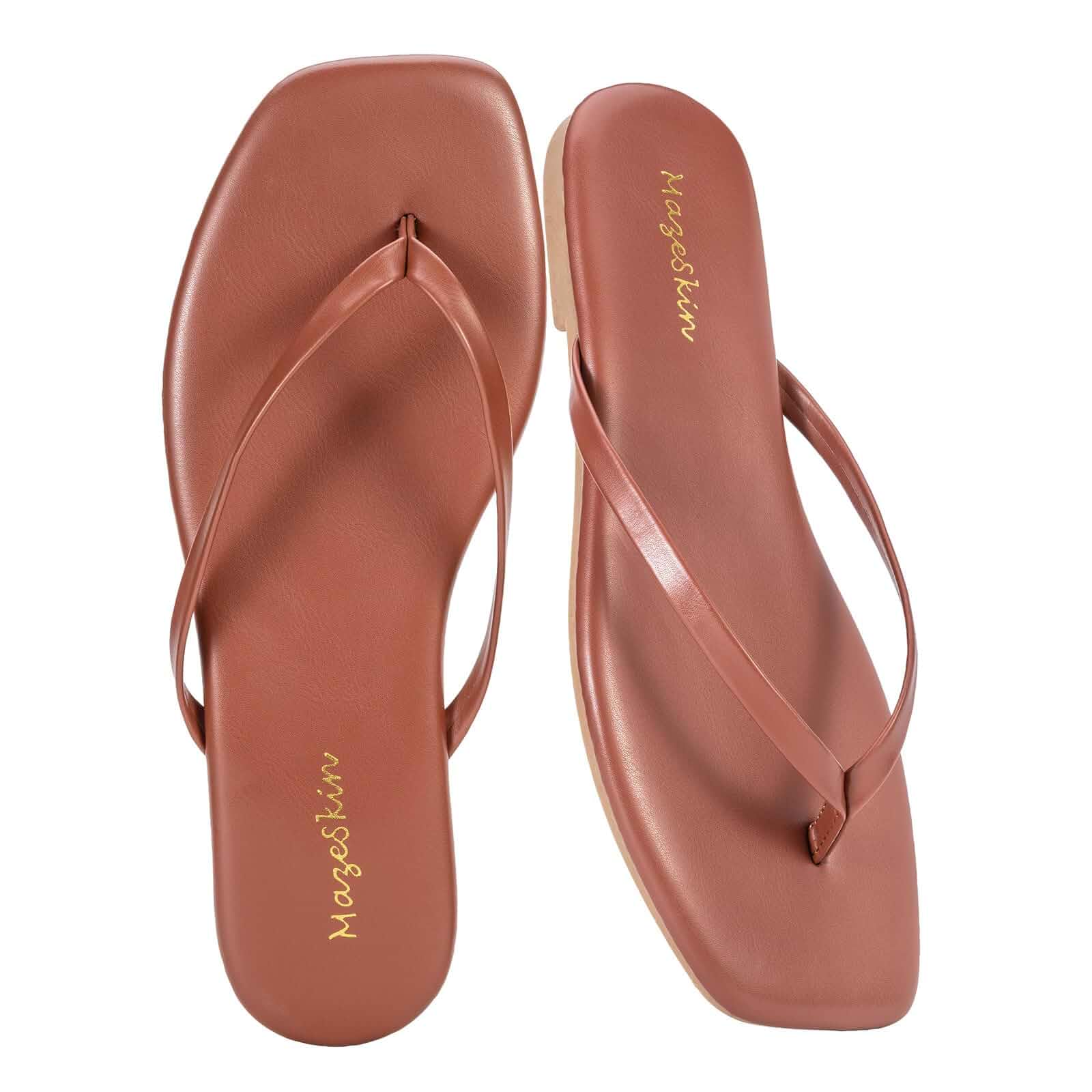 mazeskin Womens Memory Foam Flip Flops Leather Flat Sandals Vegan Leather Square Toe Cushion Summer Casual Comfortable Slim Thong Beach Slide Shoes Non Slip