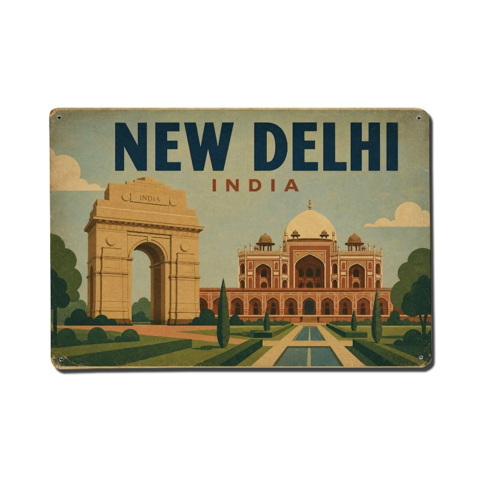 Vintage Travel India New Delhi Metal Tin Sign Plaque Wall Decor for Cafe, Club Bar, Office, Garden Metal Poster 8x12Inch
