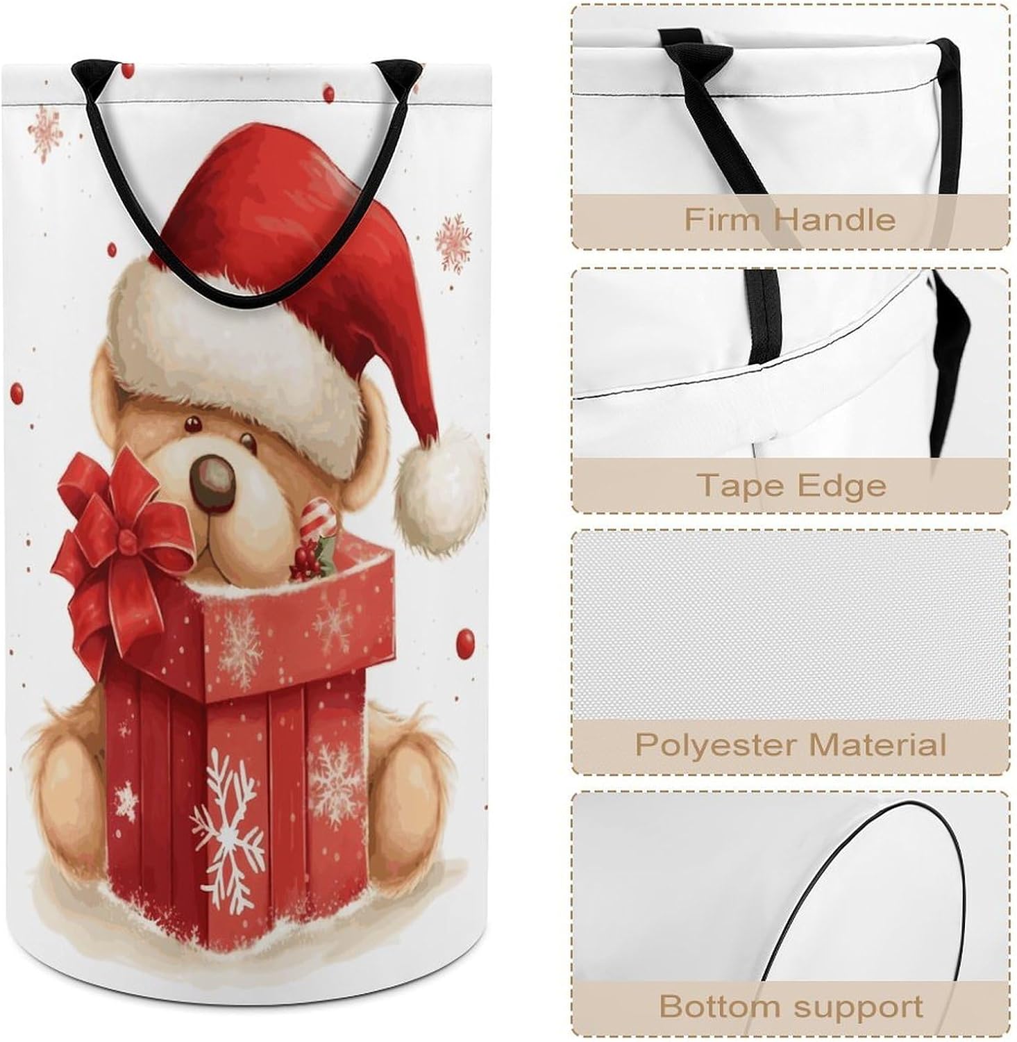 Large Laundry Hamper with Handles Santa Hat Gift Laundry Basket Freestanding Waterproof Clothes Hamper for Living Room Bedroom Bathroom College Dorm