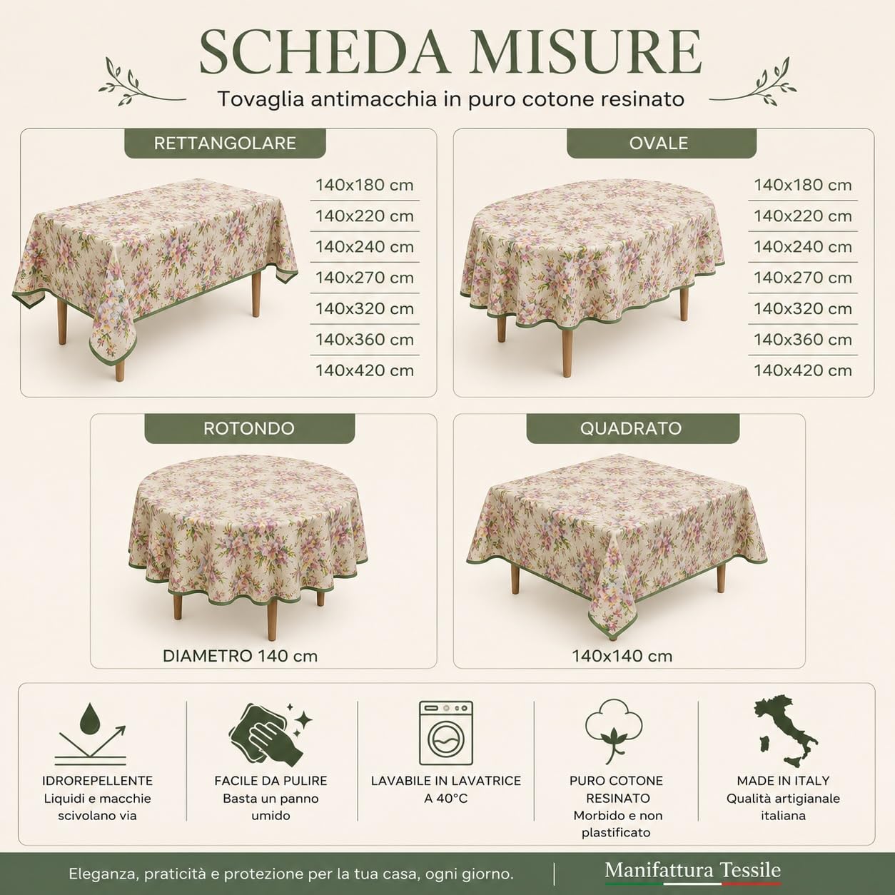 Manifattura Tessile Tovaglia Antimacchia Resinata in Cotone Made in Italy – Rettangolare e Ovale, Rotonda 140 cm, Fresie Beige