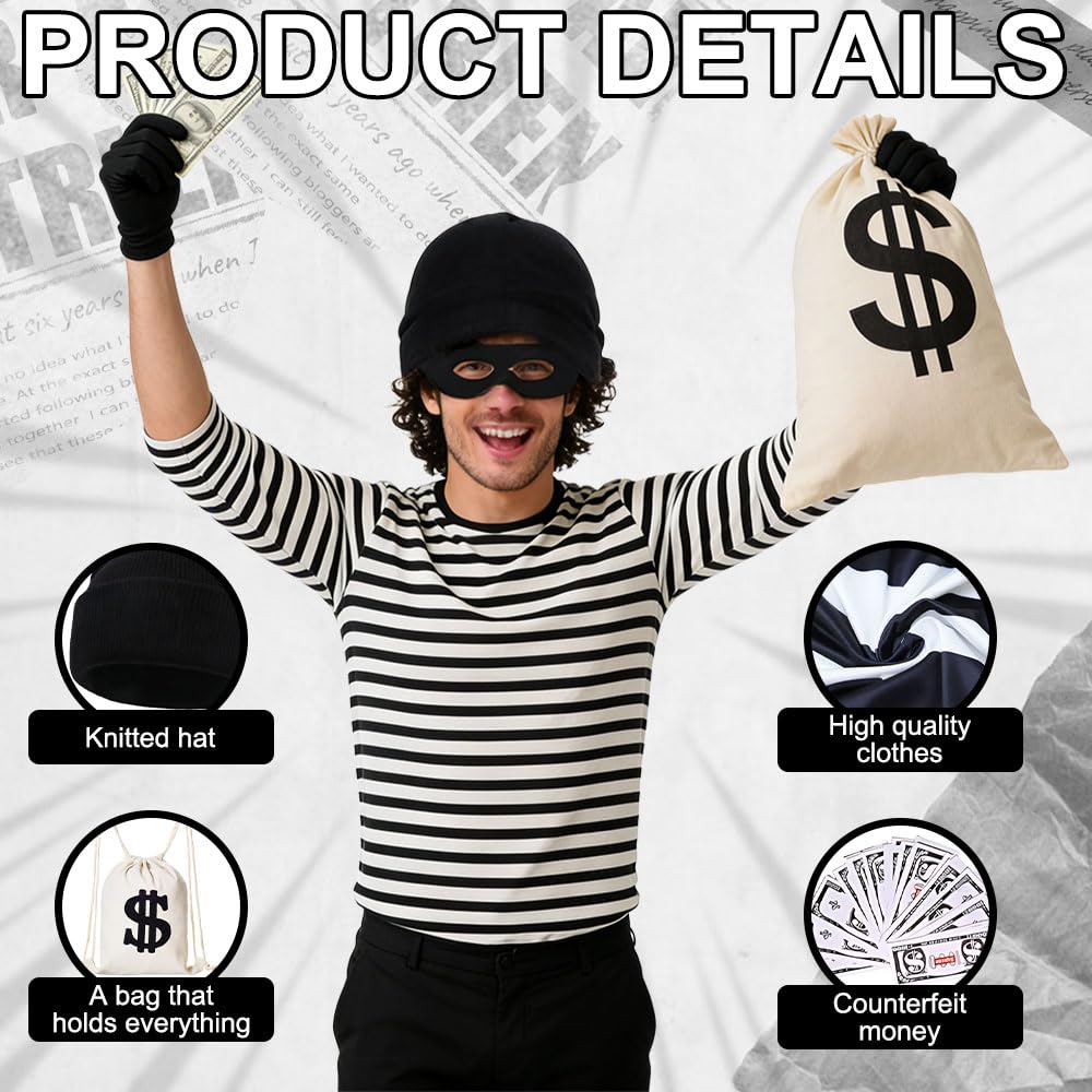 KUWUNG Burglar Bill Costume, 6PCS Robber Costume Men Set - Image 4