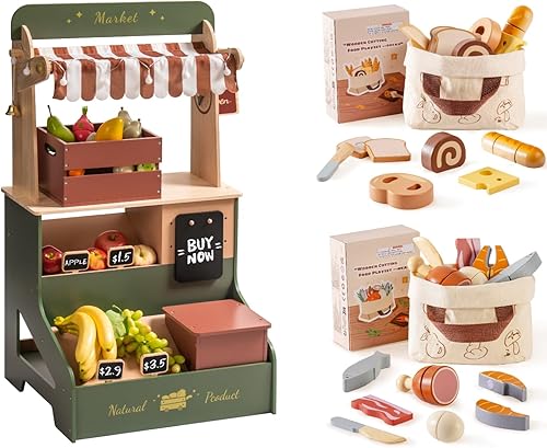 Miniatura 1 de ROBOTIME Juego de tienda de comestibles de madera con juego de corte de alimentos, juguete de simulación para jugar cocina con bolsa de compras,