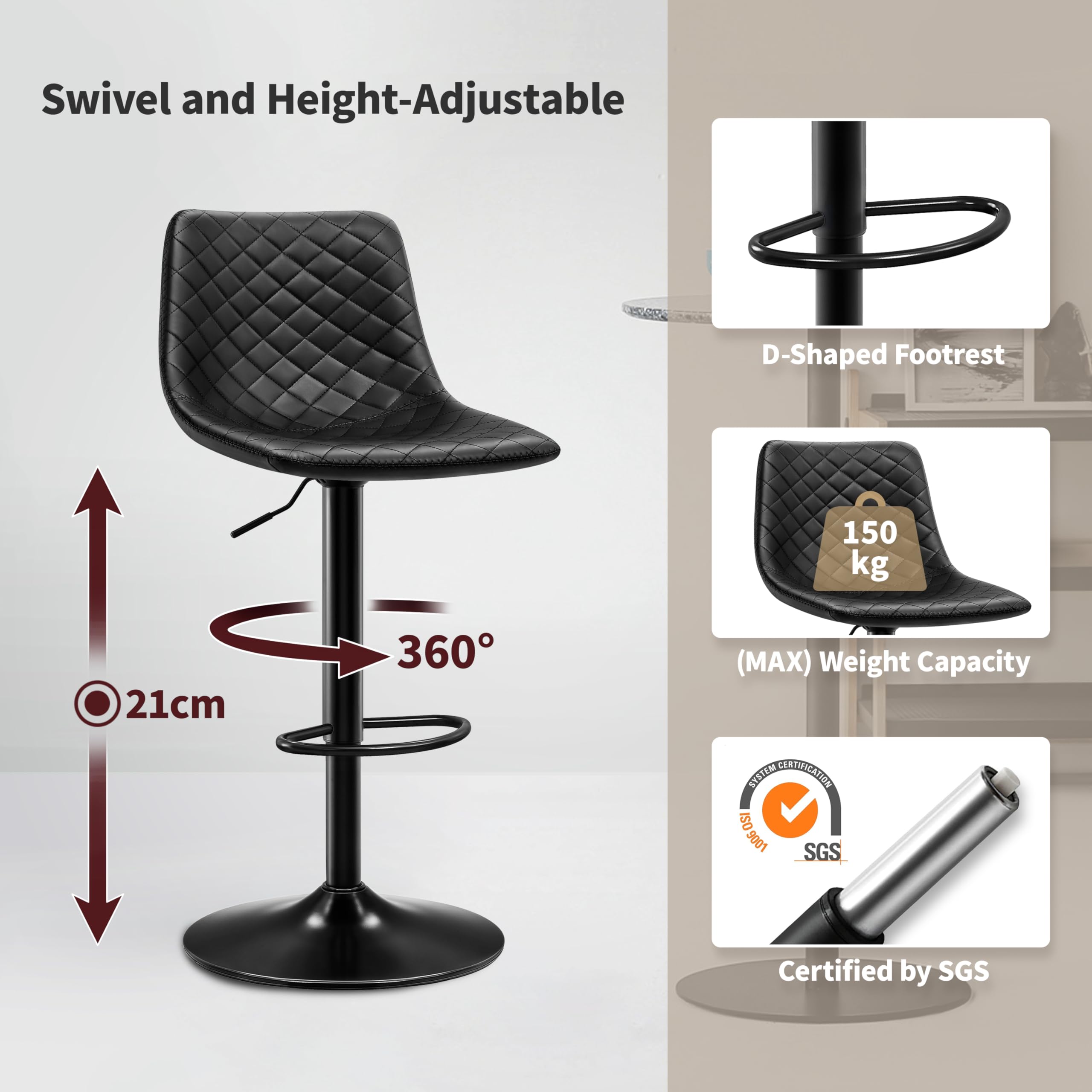 STOOLINK Barhocker 2er Set Höhenverstellbar Barstuhl mit Mikrofaser-Leder, Tresenhocker für Lobby 360° Drehbar Bistrohocker mit Lehne für Wohnzimmer, Esszimmer, Küche-Schwarz