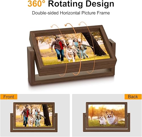 Miniatura 3 de Mixoo Marco de fotos giratorio de 4 x 6 pulgadas, marcos de fotos de madera de 4 x 6 pulgadas, marco flotante rústico de doble cara para mesa,