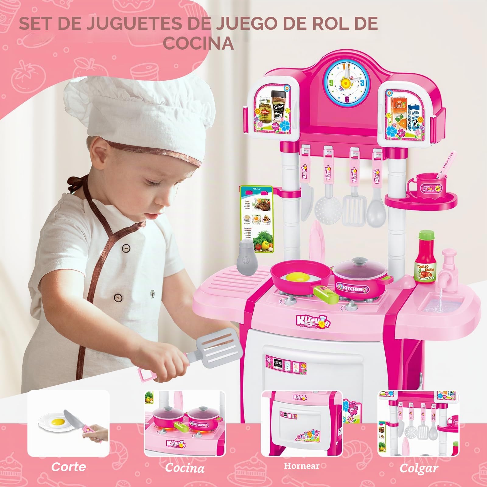 deAO Cocinita Mi Pequeño Chef con Características de Sonidos y Agua Incluye Accesosrios de Cocina,Cocina Juguetes Fregadero Refrigerador Horno Comida Juguete