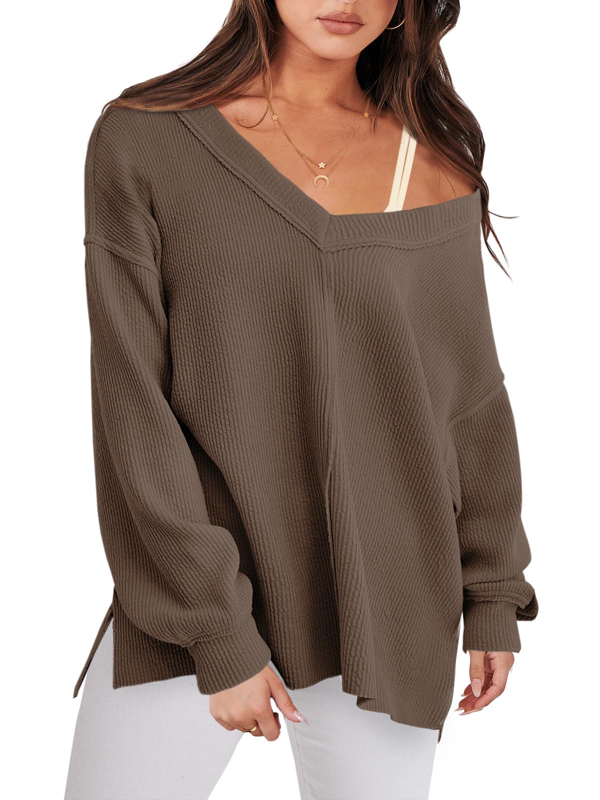 ANRABESS Oversized Long Sleeve Shirts for Women Off the Shoulder Sweatshirt Loose V Neck Tunic Tops High Low Sweater 2026