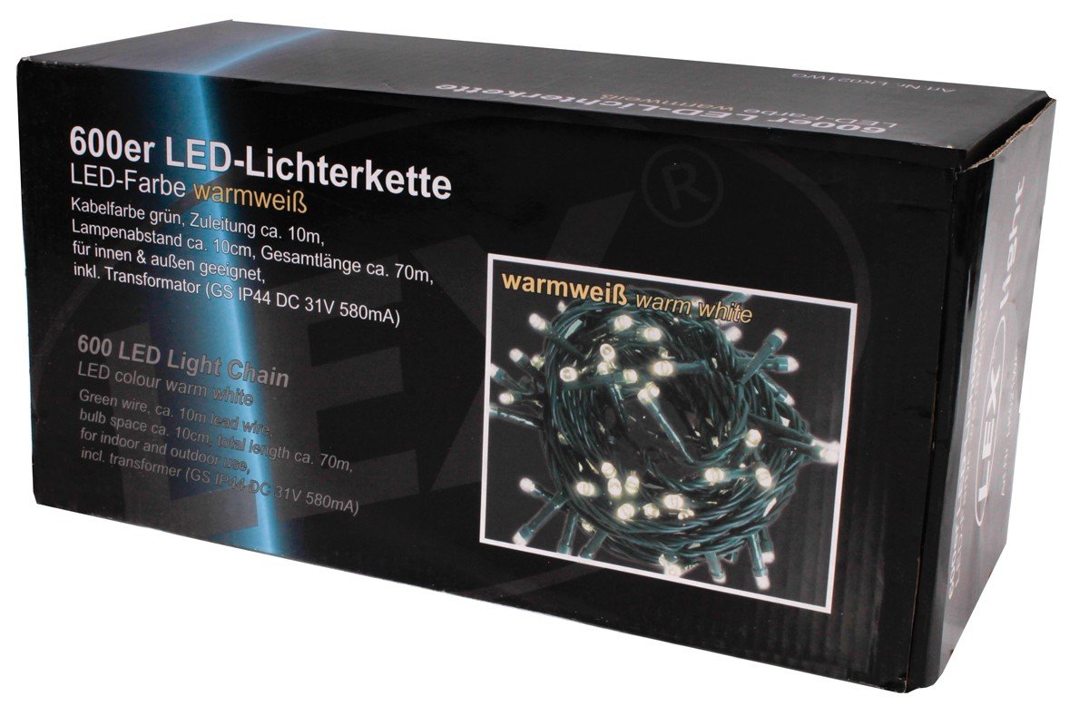 LK021WG - Catena luminosa con 600 LED, per interni ed esterni, luce calda bianca, lunghezza: 70 m, colore: verde