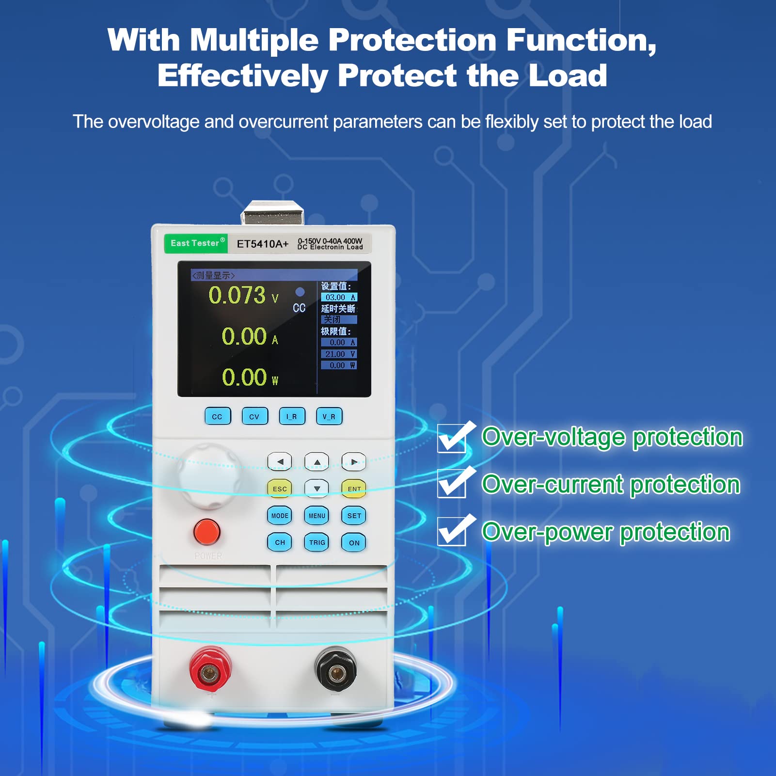 Jemora ET5410A+ Charge électronique CC monocanal programmable 150V 40A 400W Testeur de charge électronique programmable CC CV CR CP CC+CV Mode CR+CV Écran LCD TFT 2,8 pouces Testeur de batterie