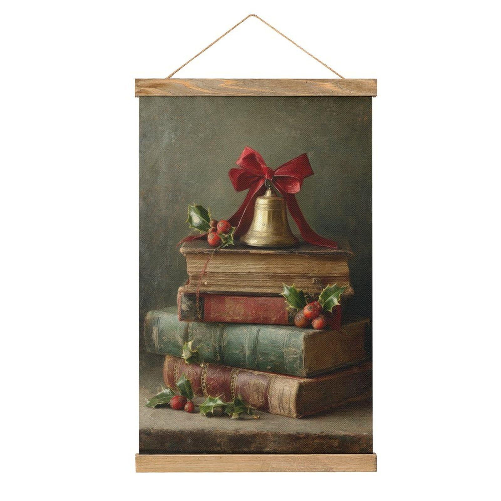 Jubonexis Christmas Books with Holly And Mistletoe Vintage Canvas Painting Wood Frames Poster Hanger Hanging Picture Kit Wall Art