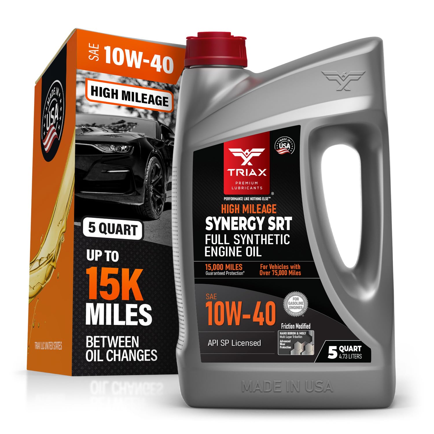 TRIAX Synergy SRT 10W-40 - Full Synthetic, Friction Modified Engine Oil - 20K Miles, API SP Licensed, 3x Wear Protection - Nano Boron and Moly Friction Modified (5 Quart)