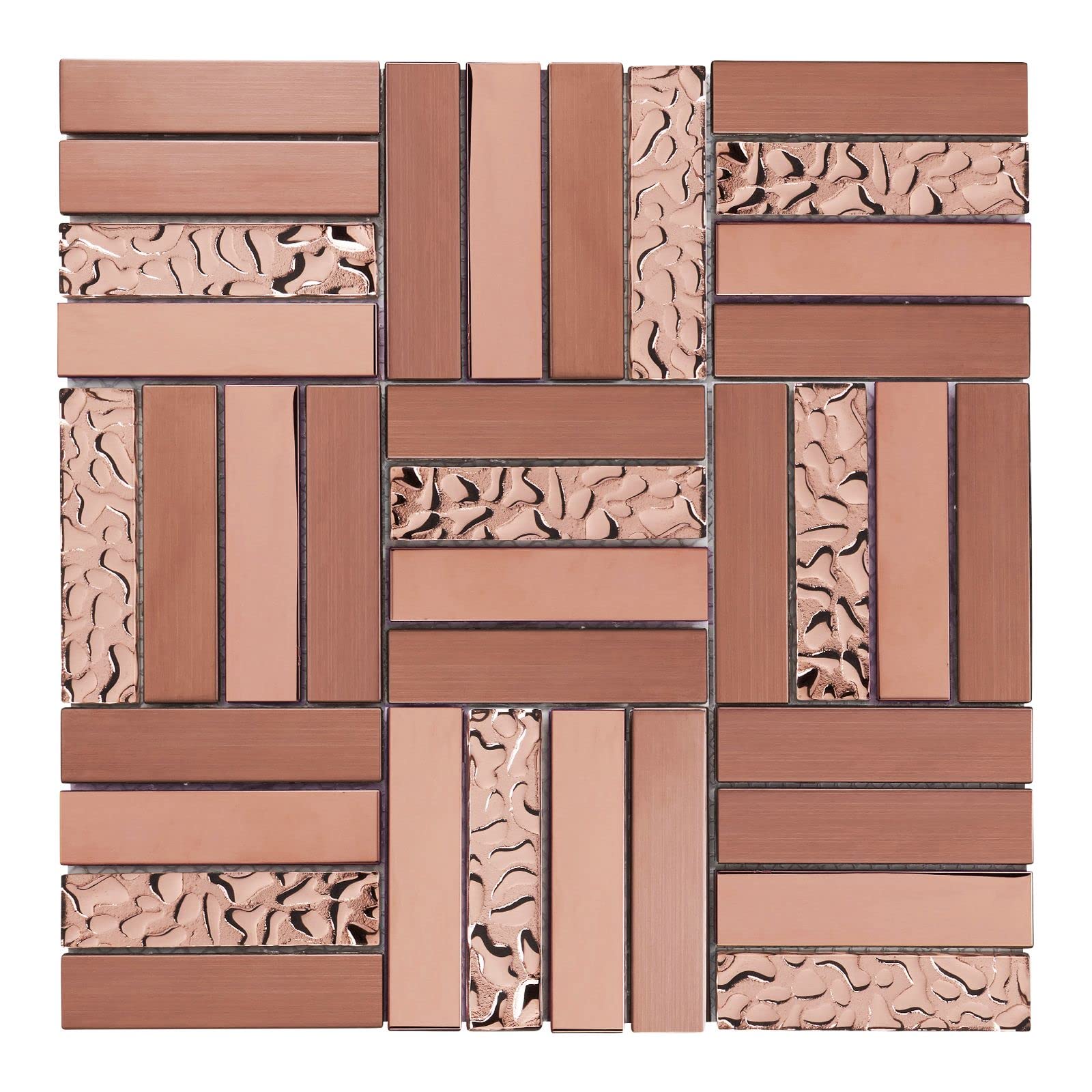 Modket Basketweave Parquet Rose Gold Copper Stainless Steel Blended Glass Metal Mosaic Tile