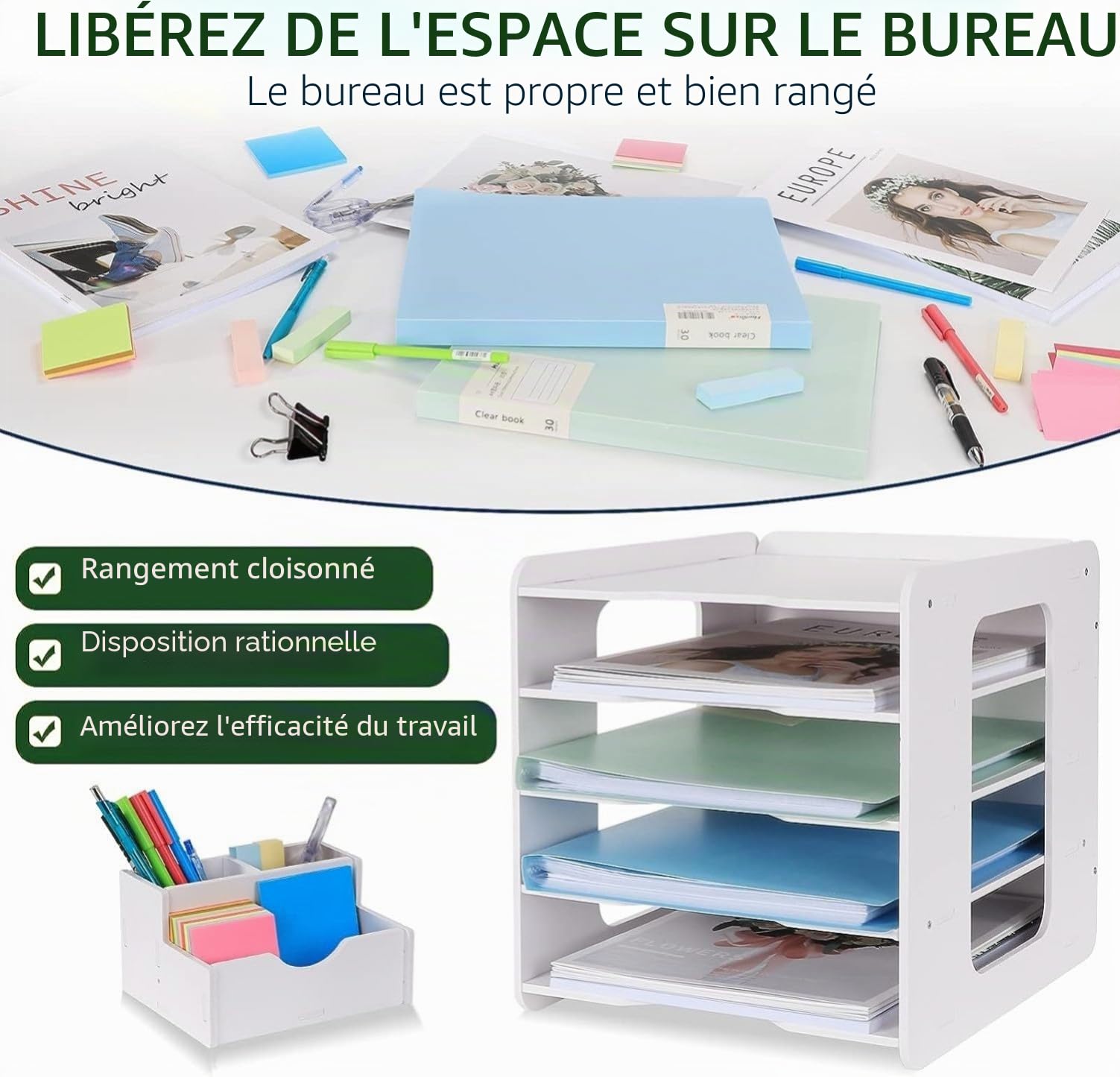 LATERN 5 Niveaux Organisateur de Bac À Courrier, Bac de Classement en Papier A4 Détenteur de Document de Fichier Organisateur de Bureau avec Porte-Stylos pour Maison Bureau École Bureau Organiser