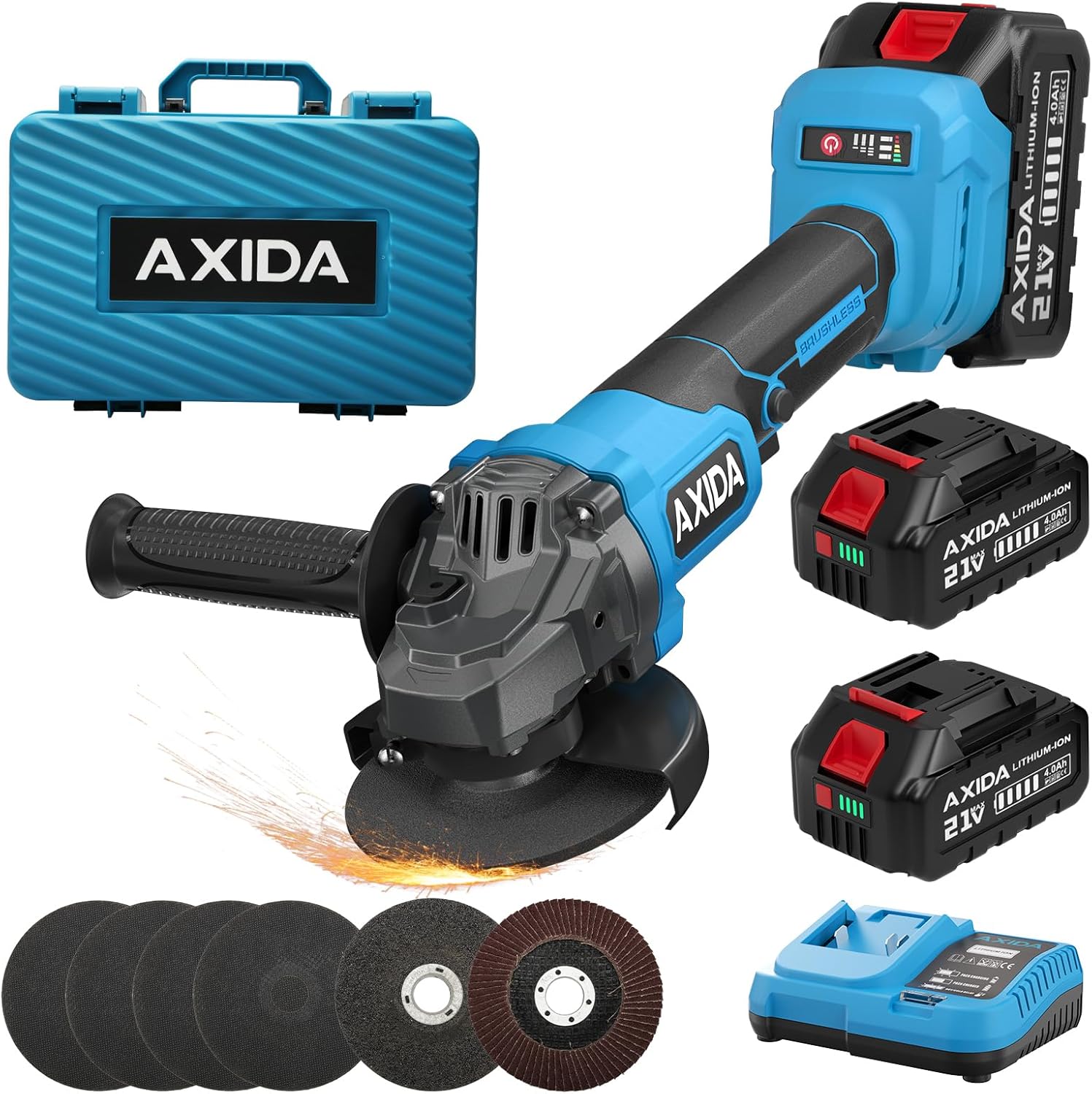 Cordless Angle Grinder with 2X 4.0Ah Batteries, 4-1/2 Inch 21V Battery Grinder,Brushless Grinders 11000 RPM, Adjustable 3-speed for Metal Cutting, Grinding, Polishing, Rust Removal