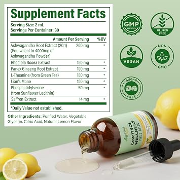 Cortisol Supplement Liquid Drops for Sleep, Focus, Mood, Cortisol Detox | Cortisol Reducer w. Ashwagandha Theanine Rhodiola Rosea Saffron Phosphatidylserine Lower Cortisol for Women
