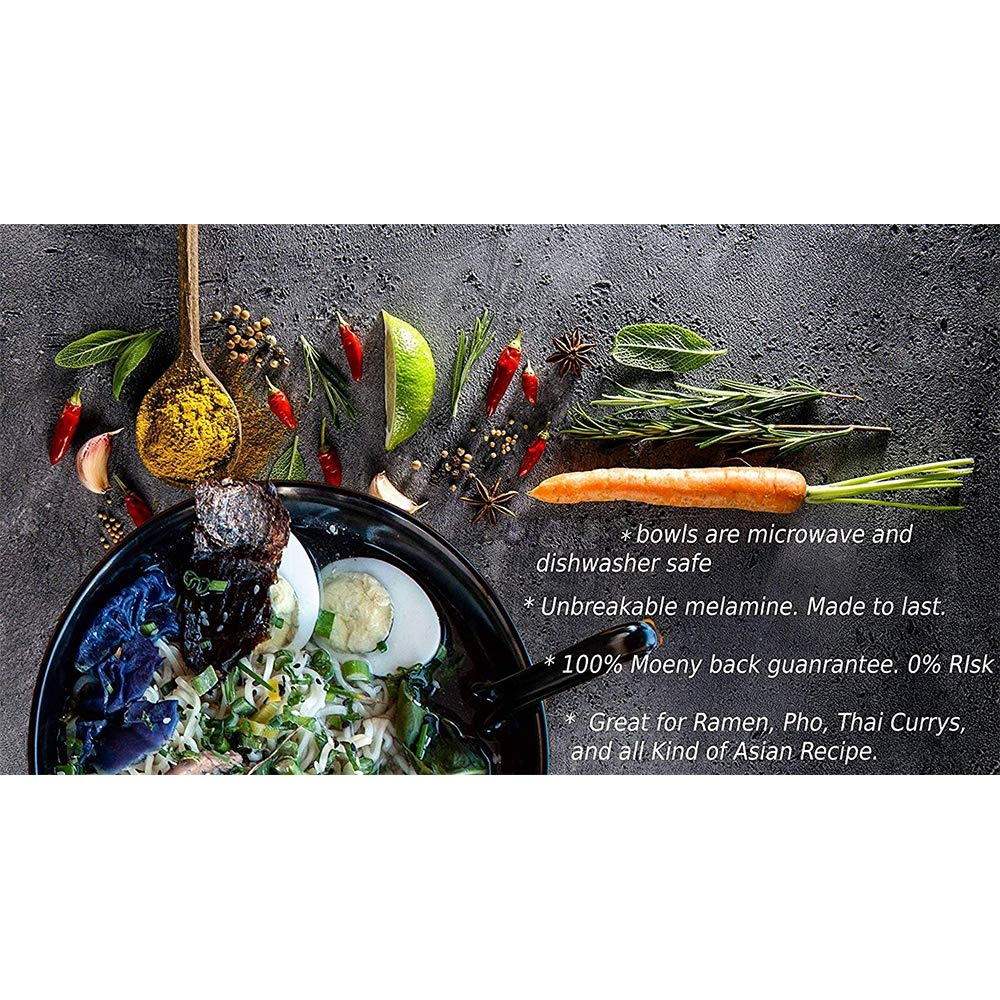 Juego de 2 tazones para Ramen, Estilo asiático japonés, con cucharas y Palillos, de melamina de Calidad de Restaurante, Ideal para pho, Fideos, Udon y Cualquier Otra Comida tailandesa. Ideales para s