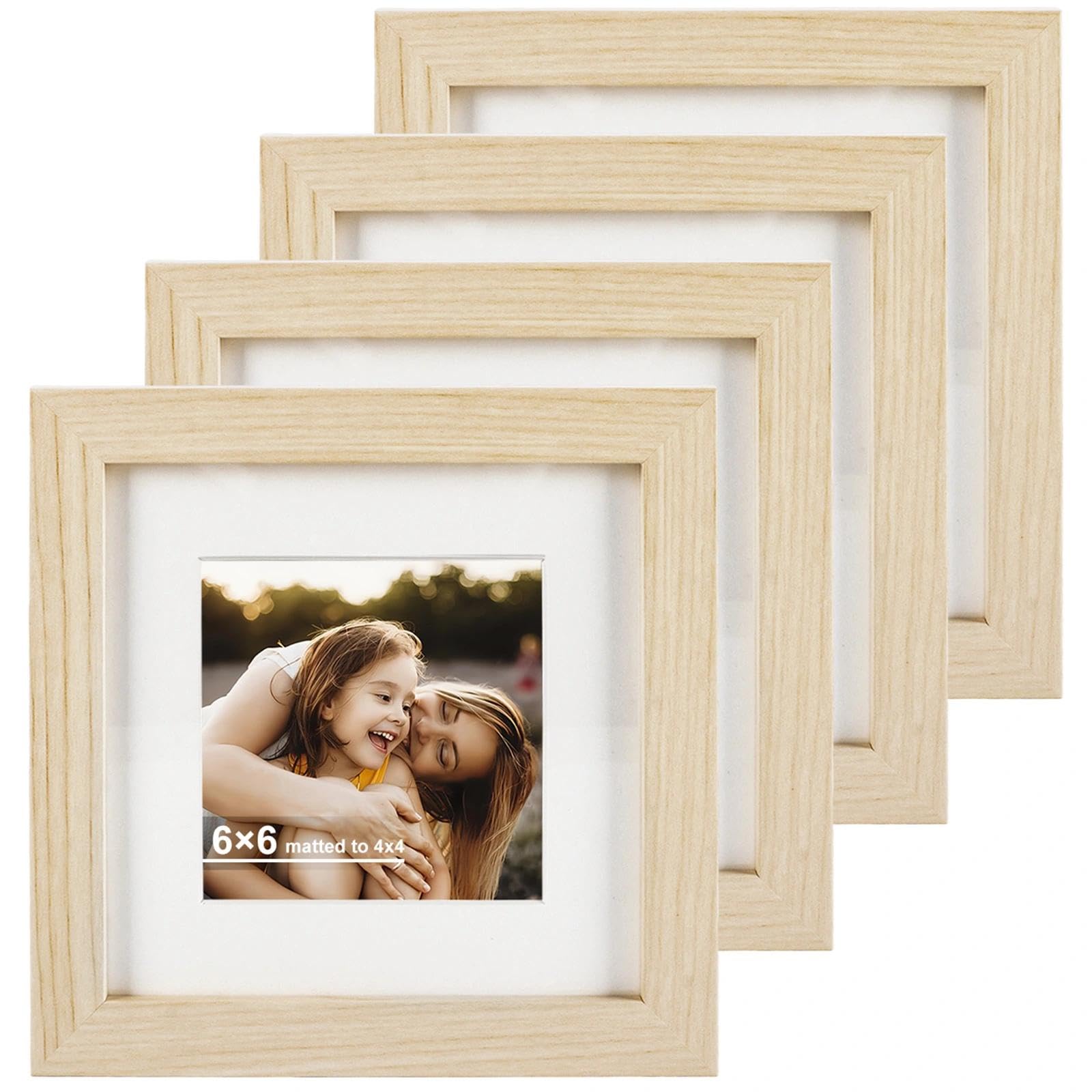Eulihent 6 x 6 '' (15x15cm) Photo Frame Set of 4 Picture Frames Wood Square Frame for Wallmounted & Desk Top (Natural Wood)