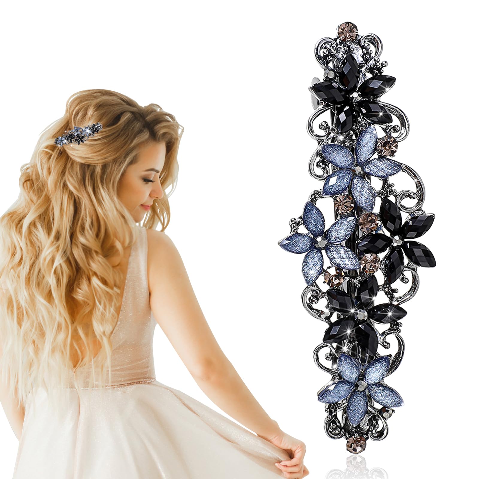 WLLHYF Fermagli per capelli a forma di fiore, stile vintage, strass di lusso, forcine per capelli in metallo, accessori per capelli per donne e ragazze (nero blu)