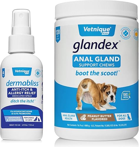 Miniatura 1 de Vetnique Labs Dermabliss - Aerosol antipicazón y alivio de alergias para perros (4 onzas) y Glandex para la glándula anal, golosinas masticables