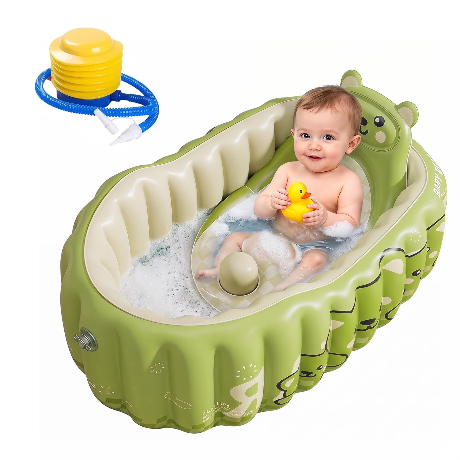 Bañera hinchable para bebés con respaldo y bomba de aire, bañera antideslizante para niños pequeños para viajes y hogar, bandeja de ducha portátil con asiento para 0-18 meses (verde)
