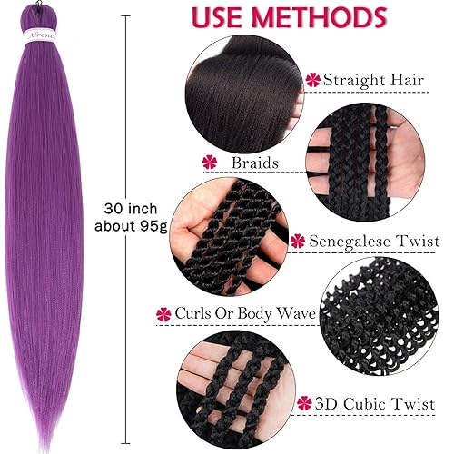 Miniatura 4 de Cabello trenzado morado de 30 pulgadas, 8 paquetes de extensiones de cabello sintético natural profesional de trenzas de ganchillo (30 pulgadas,