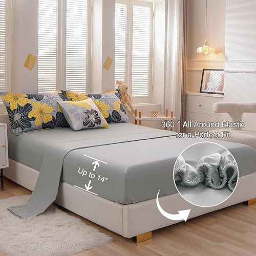 Miniatura 7 de Holawakaka Juego de edredón floral Queen de 6 piezas, cama en una bolsa, flores amarillas impresas en gris, juego de ropa de cama botánica de