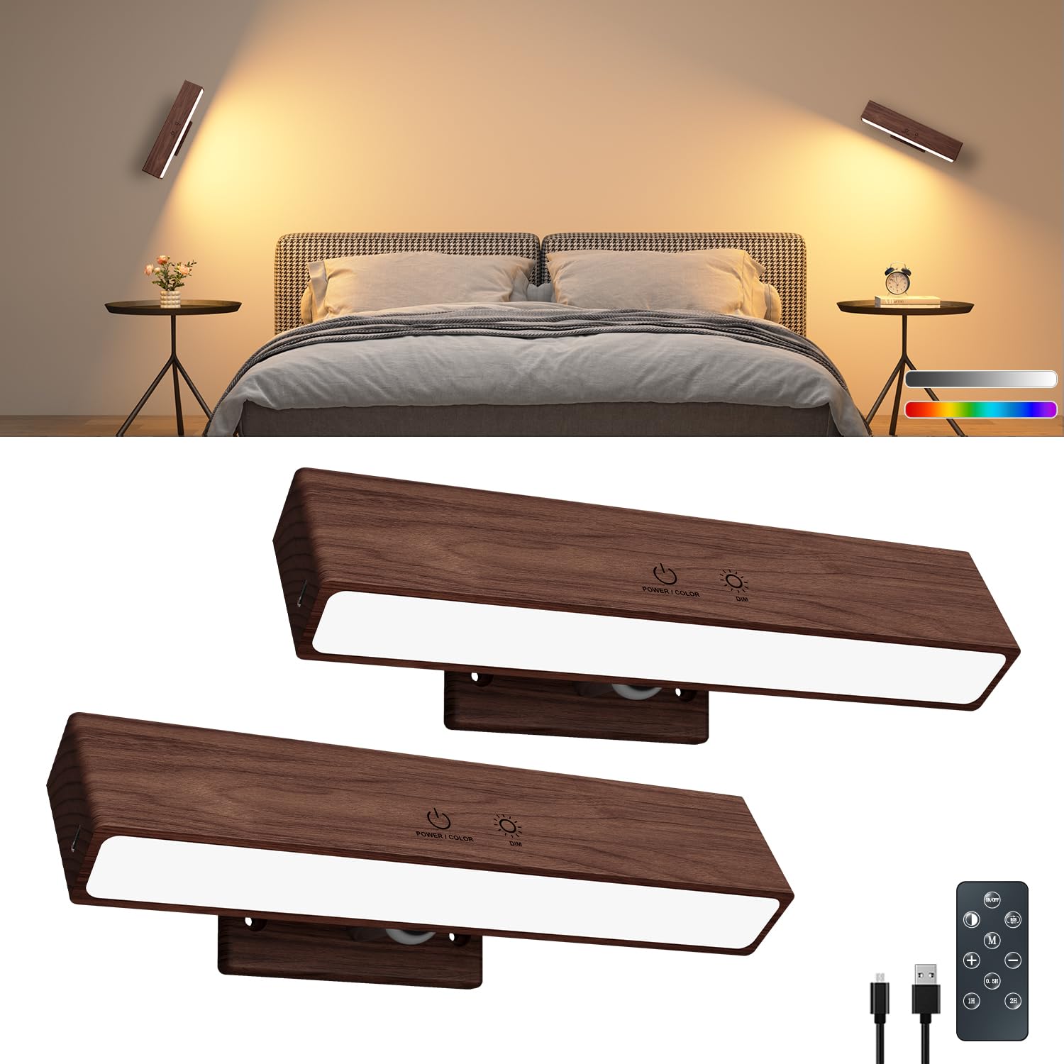 Wandleuchte Akku Holz (2 Stück) mit Fernbedienung & Touch, Kabellos LED Wandlampe ohne Stromanschluss. Dimmbare Leselampe mit 3 Farbmodi & RGB; magnetische Bettlampe, 360° drehbar für Wohnzimmer