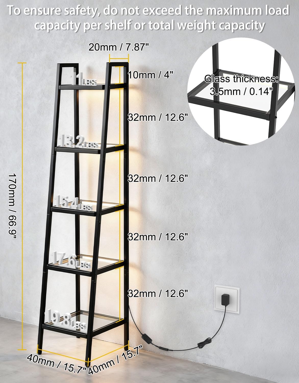 5-Tier Glass Display Shelf with RGB Light, 67" Ladder Bookshelf, Music Sync & 3 CCT, Dimmable App/Remote, Modern Freestanding Corner Storage Rack, Metal Organizer for Living Room Home Office, Black