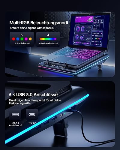 llano V12 Ultra Laptop Cooling Pad with Intelligent Software Control, RGB Gaming Laptop Fan Cooler Stand, 5.5" Turbo Fan, Adjustable Speed, 3*USB 3.0 Ports, Ergonomic Design, for 15.6"-21" Laptops - 7