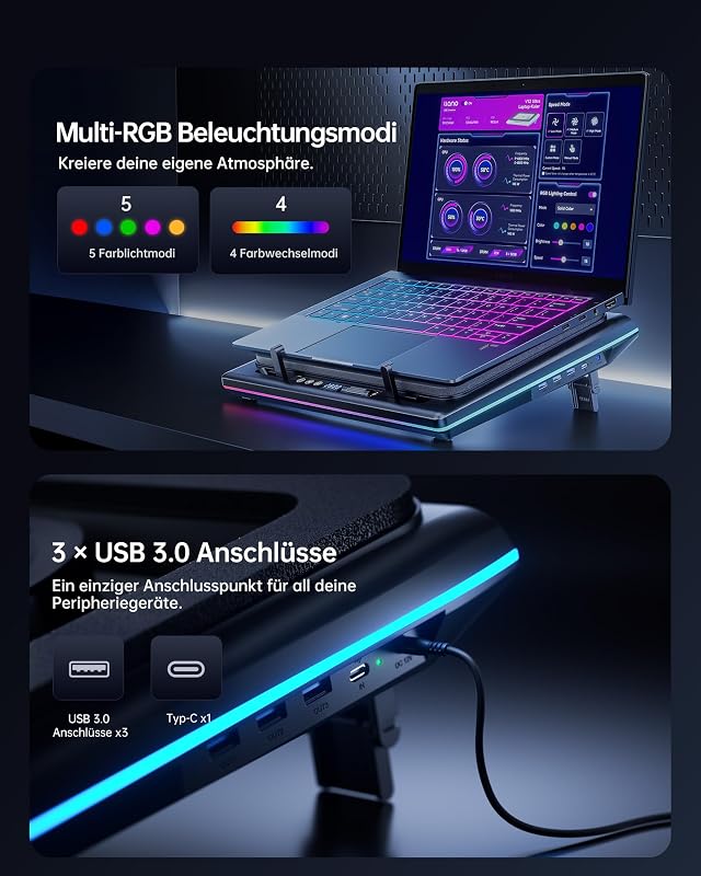 llano V12 Ultra laptop hűtőpad RGB, intelligens hőmérséklet-szabályozás, 15-21 colos laptopokhoz