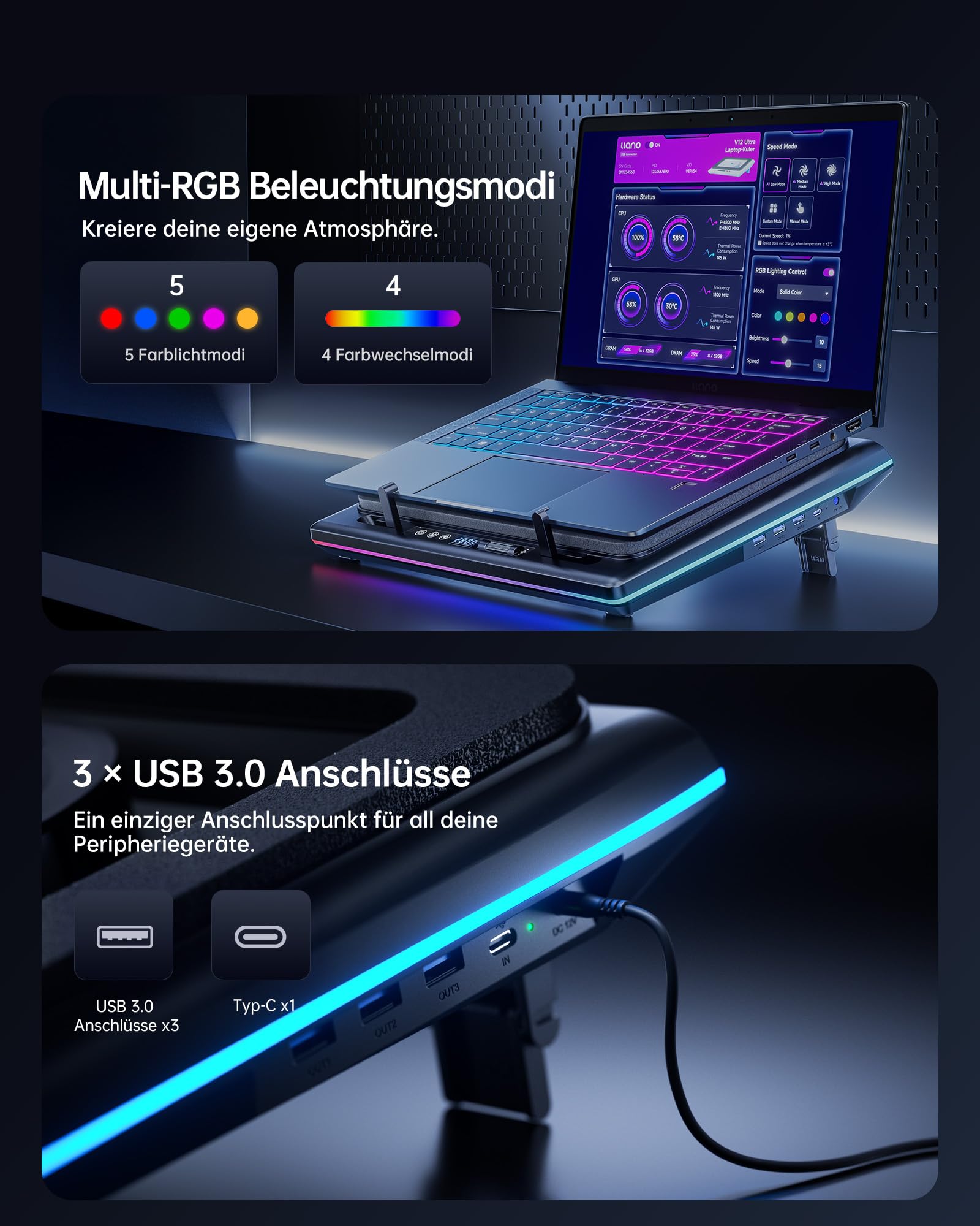 llano V12 Ultra Laptop Cooler Kühlpad mit intelligenter Softwaresteuerung, RGB Gaming Laptop Kühler intelligente Temperaturregelung 5,5 Zoll Turbo Lüfter, 3*USB 3,0 Anschlüsse für 15,6-19 Zoll Laptops