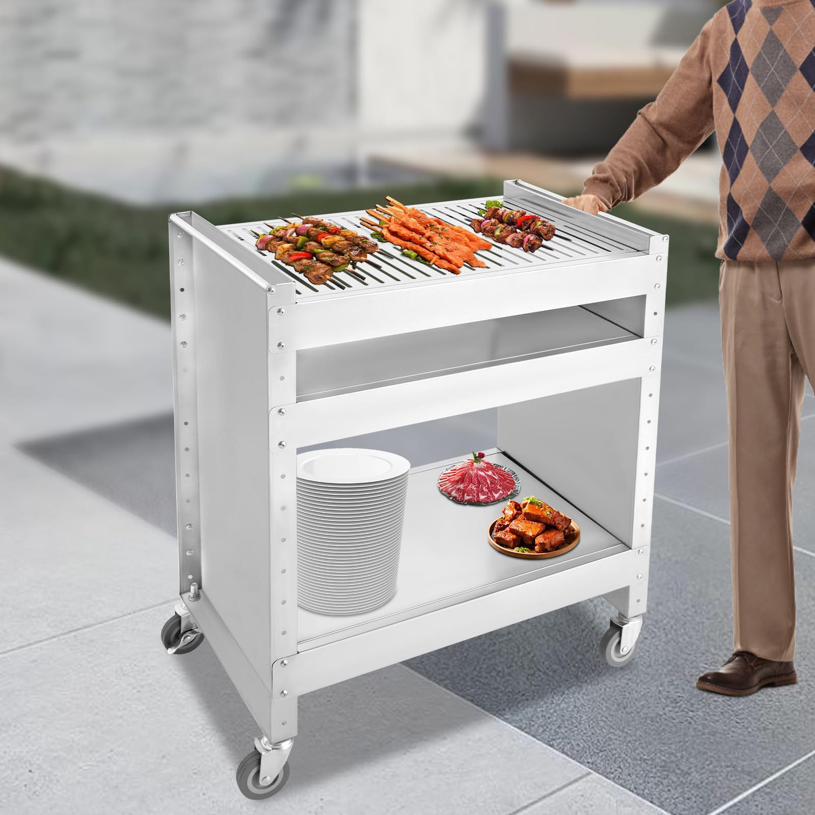 Wózek grillowy ze stali nierdzewnej, stół do grillowania z 4 uniwersalnymi kółkami, 3 poziomy, wielofunkcyjny grill outdoorowy na kółkach, spotkania rodzinne, wieczory przy grillu ogrodowym i wieczory