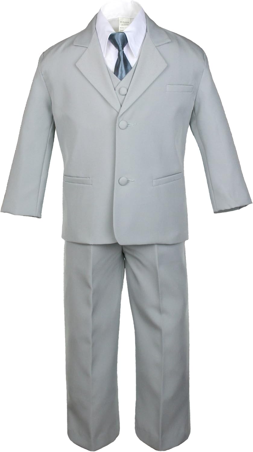 6pc Boy Gray Vest Set Tuxedo Suits with Satin Dark Gray Necktie Baby Teen