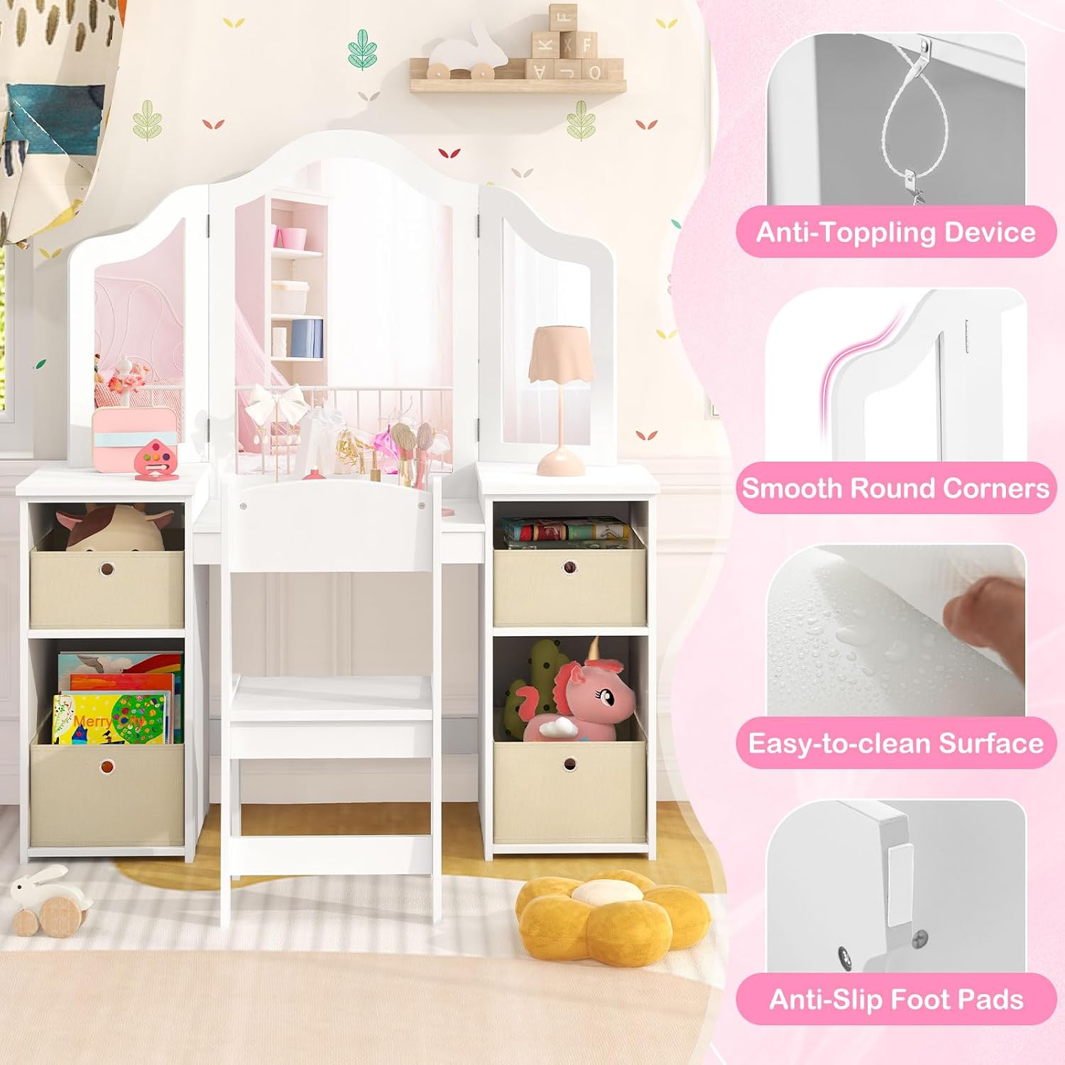 KOTEK Kids Vanity Table and Chair Set, 2 in 1 Wooden Princess Dressing Desk with Tri-Folding Mirror & 4 Storage Bins, Pretend Play Toddler Makeup Vanity Set for Little Girls (White)