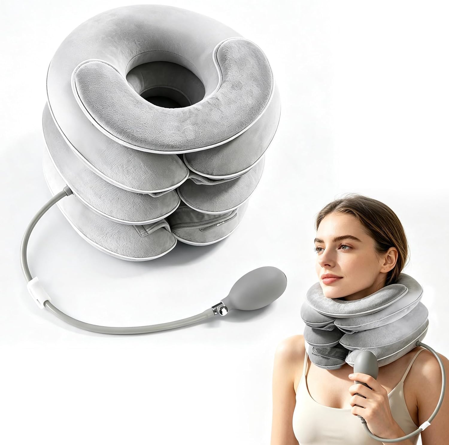 Cervical Neck Traction Device, Inflatable Neck Stretcher, 3 Layers Portable Neck Relief Device for Home Use, travel, business trip