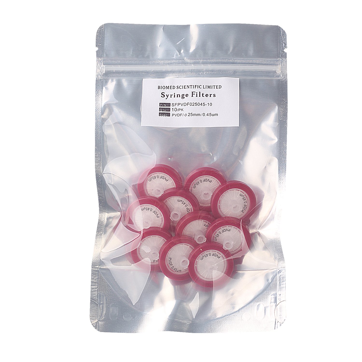 Syringe Filters Hydrophobic PVDF 25 mm Diameter 0.45 um Pore Size Non Sterile 10 pcs/Bag