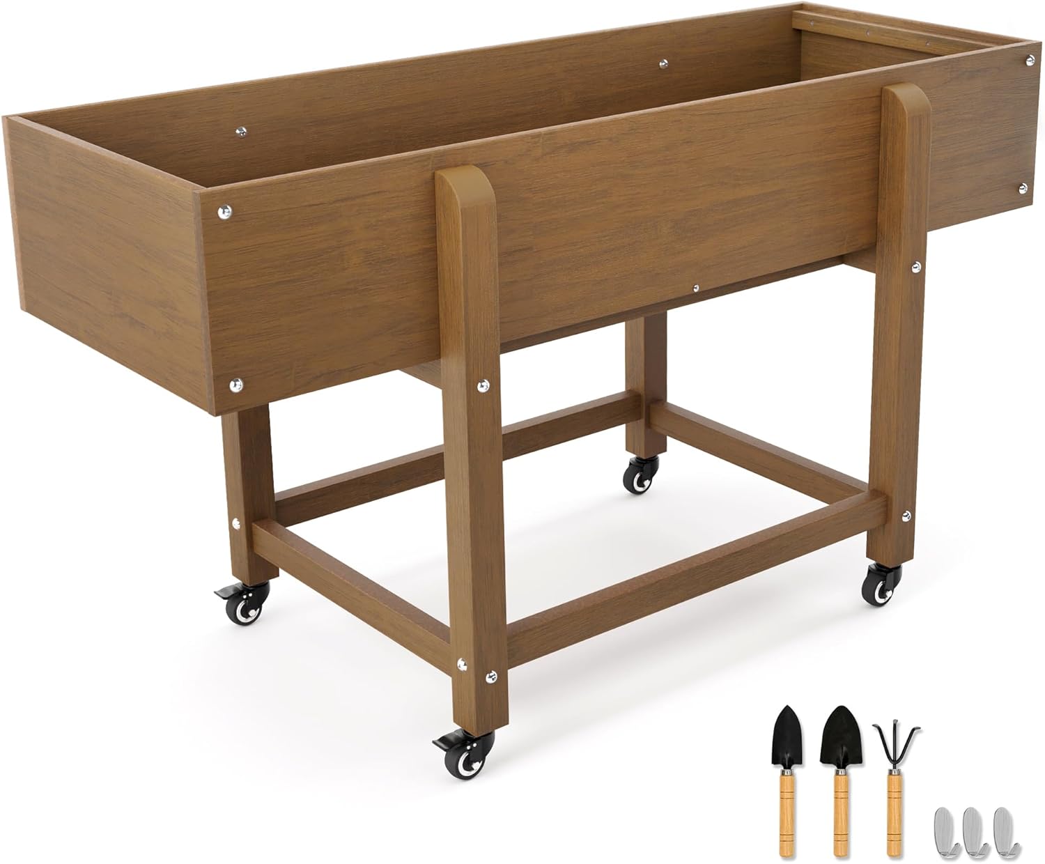 LUE BONA Raised Garden Bed with Wheels, 39.4 * 16.7 * 28 in, HDPS Elevated Planter Box with Tools, Weather Resistant, Standing Growing Bed Herb Planter for Vegetable, Outdoor