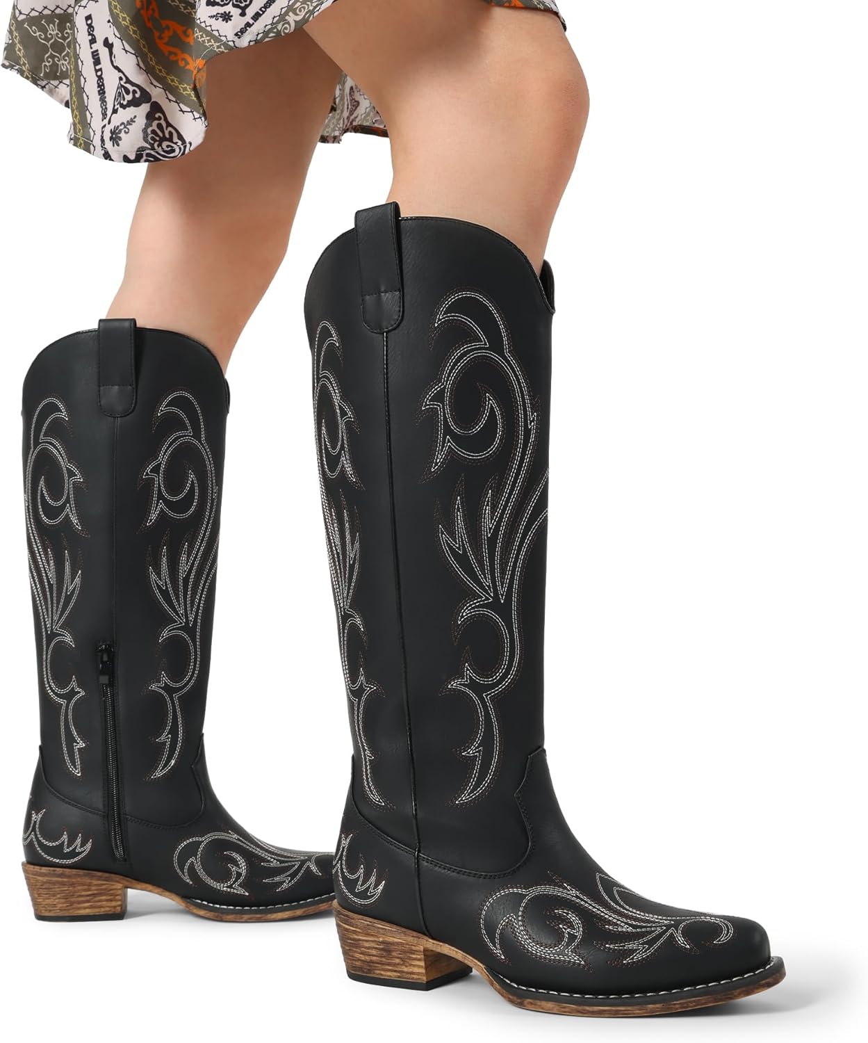 DREAM PAIRS Womens Cowboy Boots Comfortable Cowgirl Knee High Boots Pull On Side Zipper Chunky Heel Embroidered Western Boots,Size 6.5,Black,DWUMKB2502 - Image 2