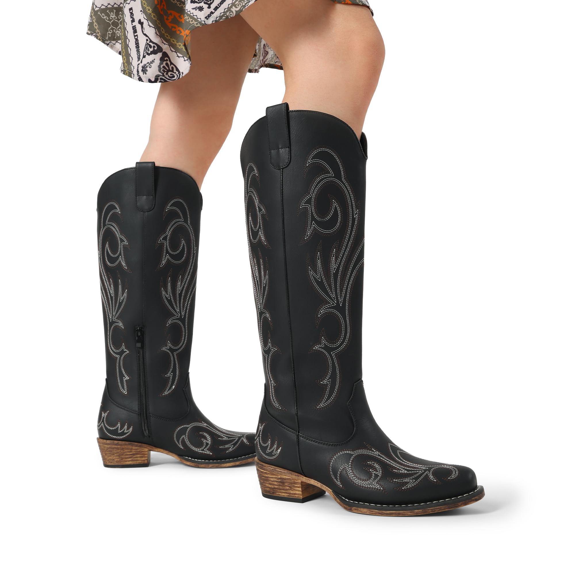 DREAM PAIRS Damen Kniehohe Westernstiefel Cowboy-Stiefel | Feine Stickerei, Halber Reißverschluss, Anziehlasche, Bequeme Decksohle, 4cm Absatz, Vielseitig & Mühelos Kombinierbar