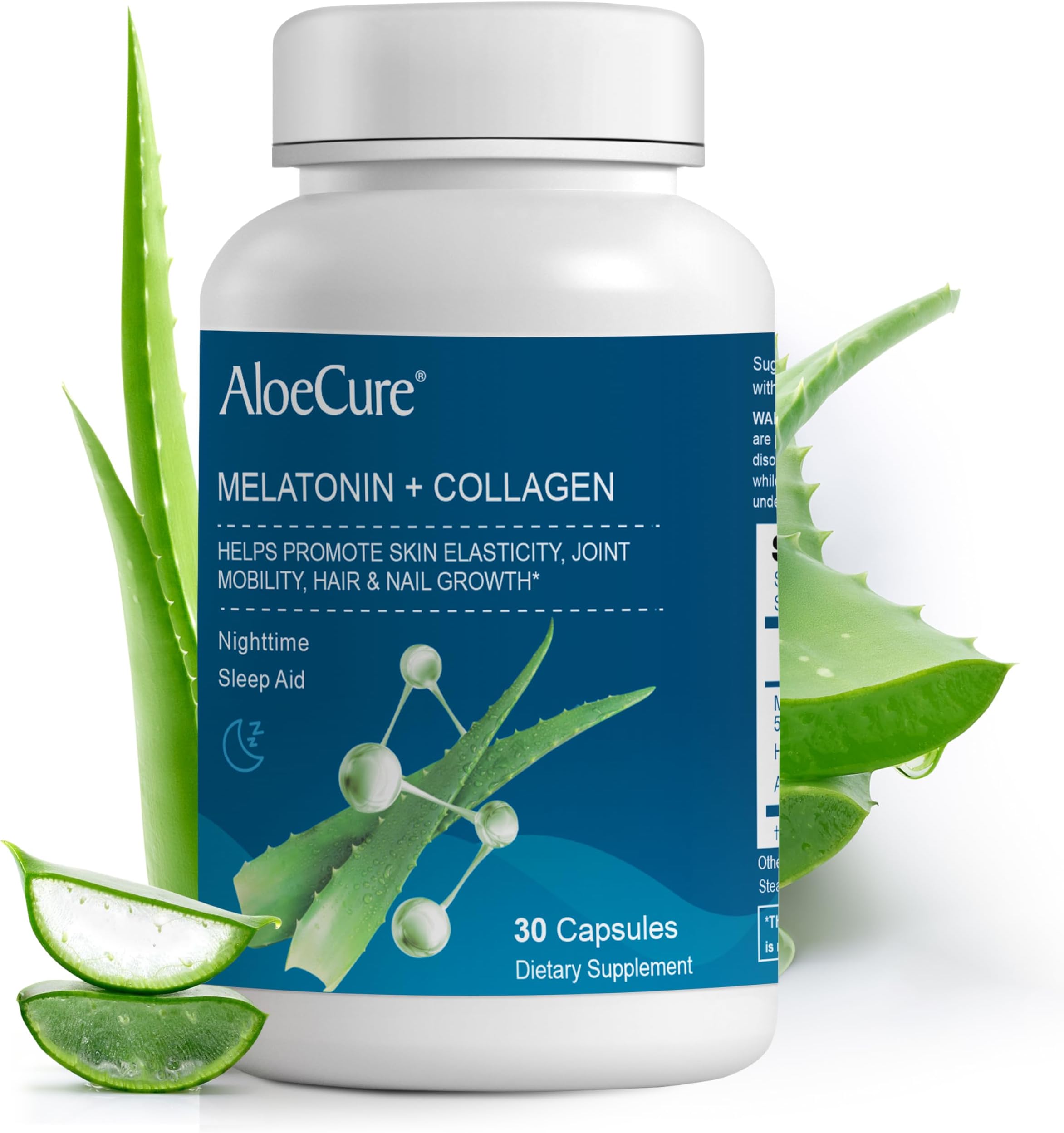 Natural Melatonin + Collagen with Organic Aloe Vera - Natural Sleep Aid Supplement for Restful Nights - Collagen Complex for Joint Strength, Skin Elasticity, Hair & Nail Growth, 30 Capsules