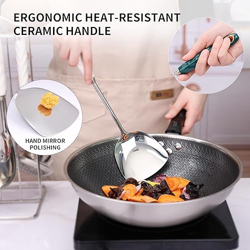 Miniatura 5 de Juego de utensilios de cocina de acero inoxidable con soporte, 7 espátulas wok de metal de alta calidad, cucharón de sopa, afinador ranurado,