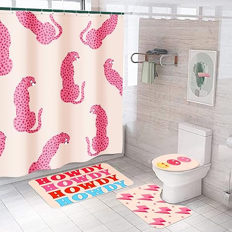 Rtteri Charming Pink Cheetah Bathroom Set Adorned with Whimsical Characters