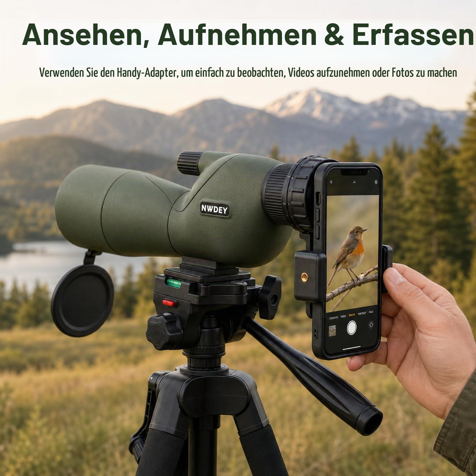 NWDEY 25-75X60 Spektiv mit 51 Zoll Stativ Spektiv für Zielschießen Jagd Vogelbeobachtung Low Light Vision Telefonadapter Tragetasche BAK4 Prisma FMC Objektiv Wasserdicht (ArmyGreen)