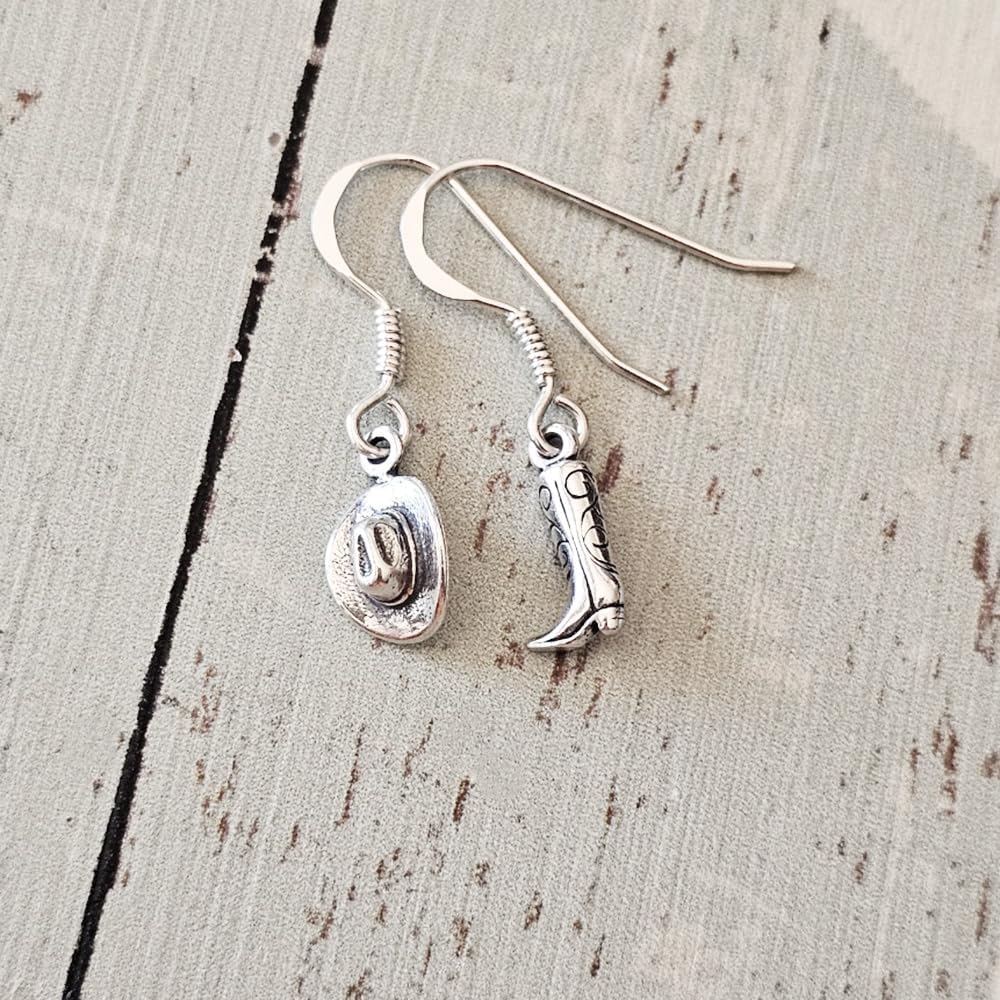 Sterling Silver Tiny Cowboy Boot and Cowboy Hat Dangle Earrings, Western Jewelry Dangle Earrings - Image 2