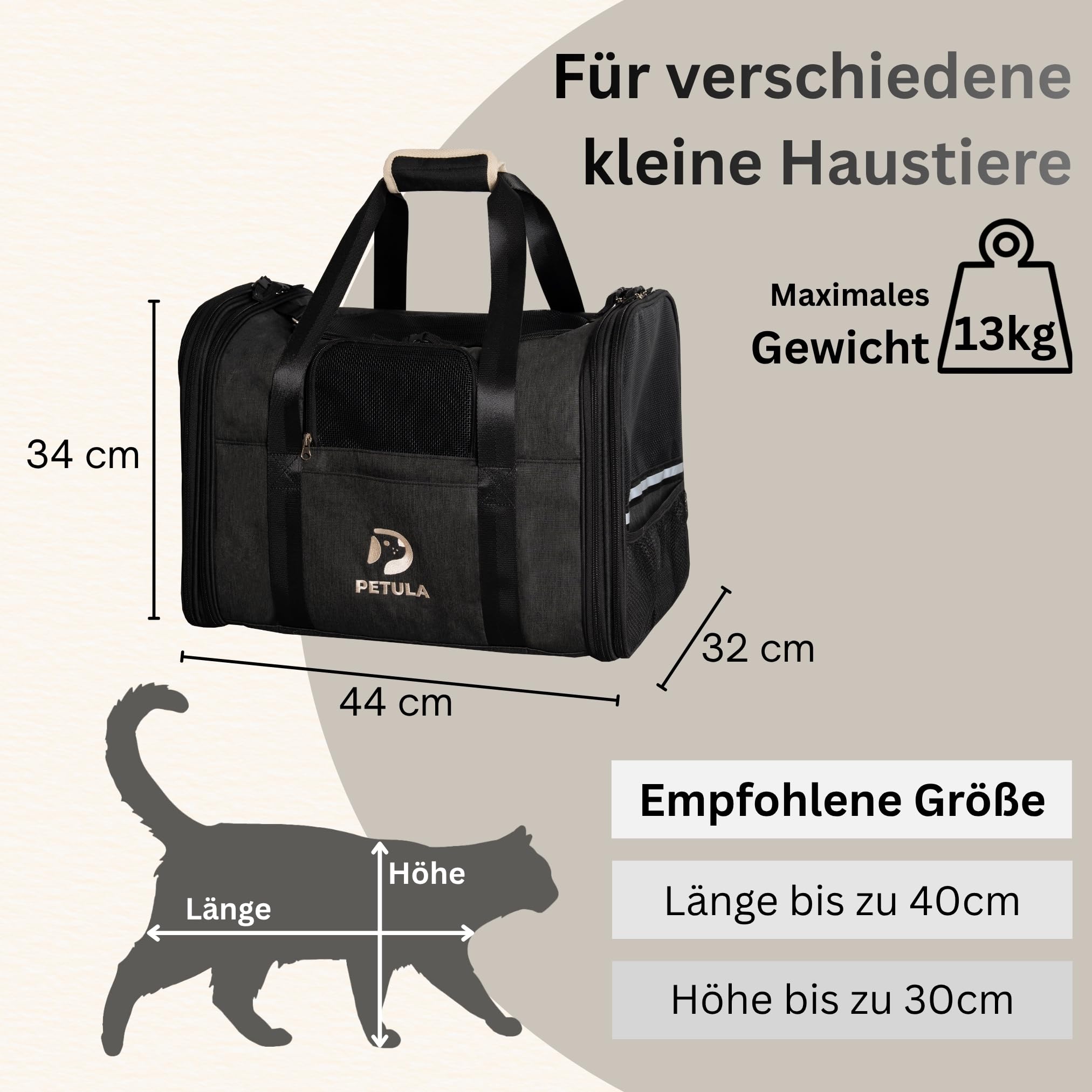 Petula Katzentasche & Hundetasche – Faltbare Katzentransporttasche für Katzen & kleine Hunde bis 13 kg – Formstabil, mit Innenmatte, Belüftung, Katzentransportbox, Transportbox (Schwarz)