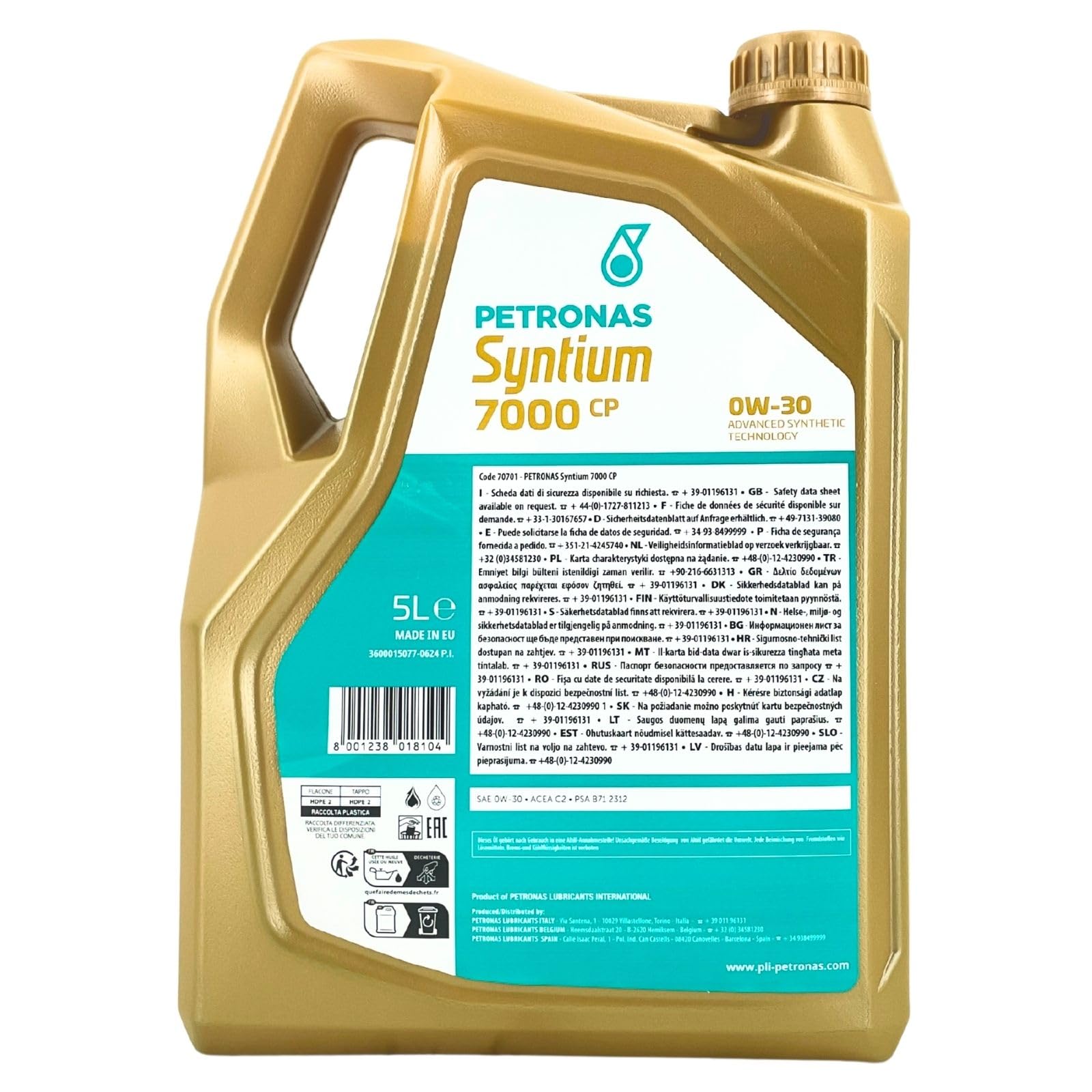 PETRONAS Aceite de motor 0W-30 SYNTIUM ACEA C2 7000 CP 5L Compatible con PEUGEOT 208 I Hatchback CA, CC 2008 I A94, CU 308 SW II LC, LJ, LR, LX, L4 3008 SUV M, MC, MR, MJ, M4, CITROËN C3 II SC