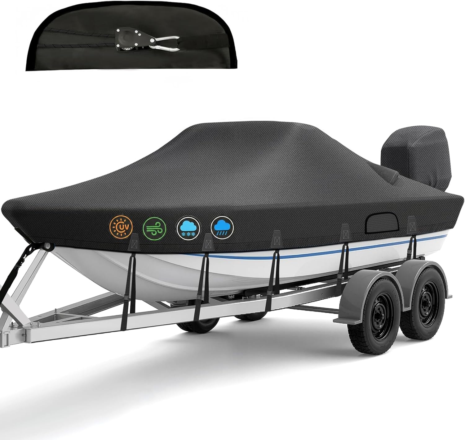 Ratchet Hurricane Proof Heavy Duty Waterproof Boat Cover, 17-19ft Mooring & Trailerable 1200D Bass Boat Cover with Motor Cover for Bass Tracker,Black