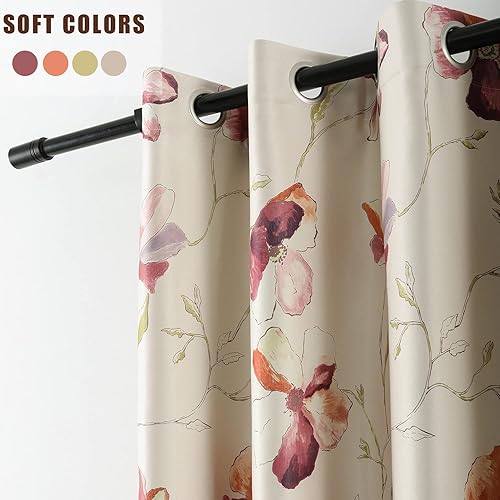 Miniatura 4 de Leeva Cortinas opacas con diseño floral rojo para puerta corrediza, ojales en la parte superior, aislamiento térmico, oscurecimiento de la