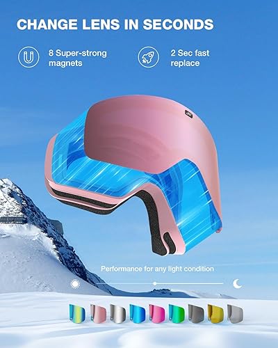 Miniatura 6 de ZIONOR X11 - Goggles magnéticos para esquiar, cilíndricos, para snowboard, para hombres y mujeres Lente rosa A0 Vlt6%,A1-marco negro Bluelens