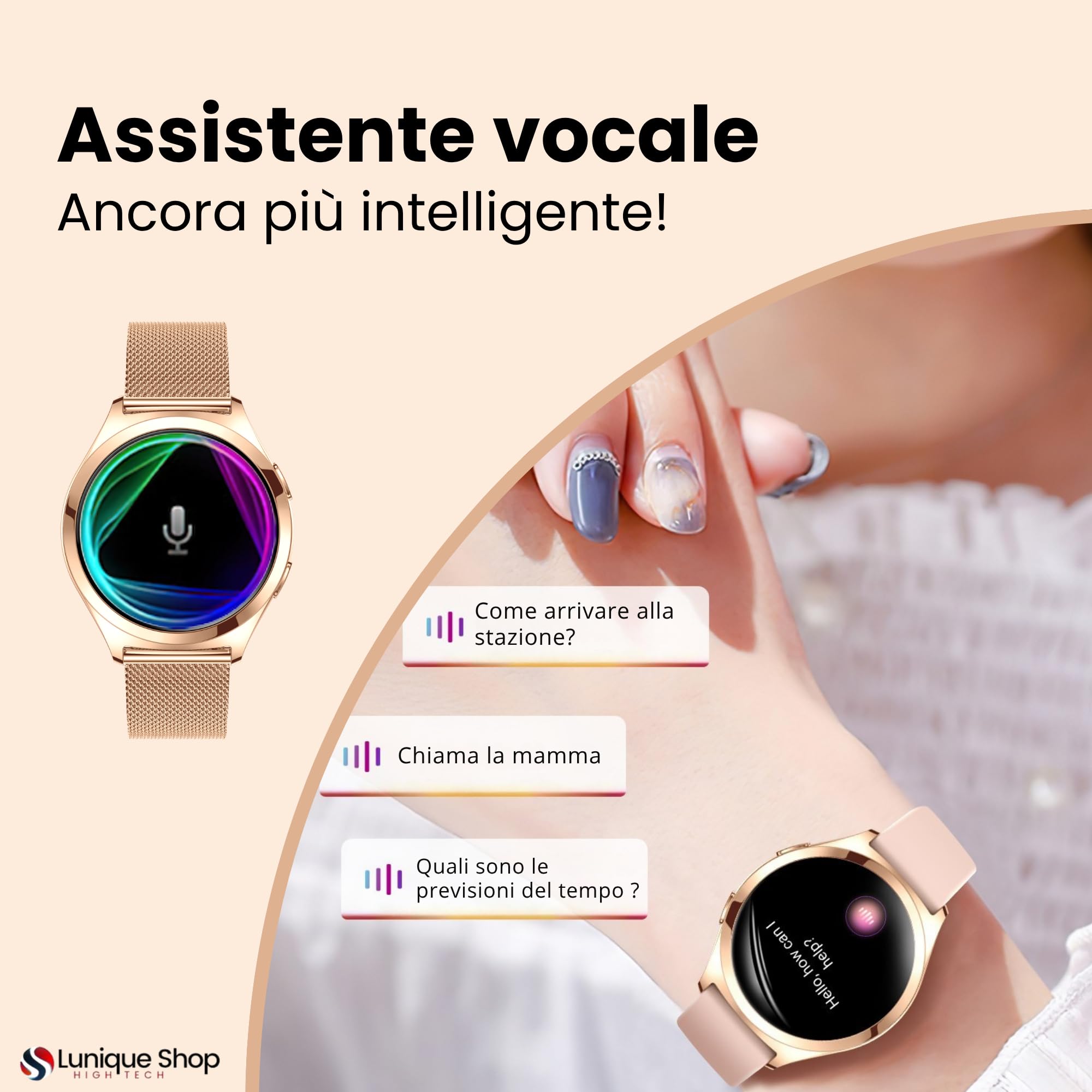 Orologio da donna con chiamate 1.6" – Smartwatch inteligente Oxygene Sanguin Tensione Cardiofrequenzimetro Passi Sonno Meteo Fisiologia Femminile iOS Android LSWATCH