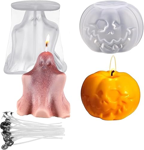 2 moldes para velas de Halloween, divertido molde de vela fantasma 3D y molde de vela de calabaza con resina de 20 mechas, molde de resina para